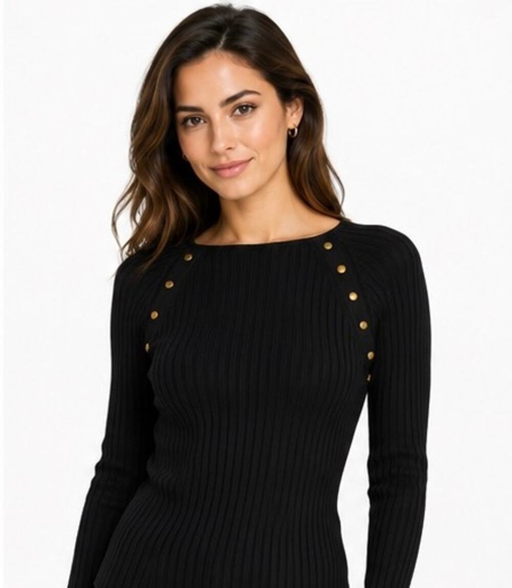 August Silk Women’s Black Ribbed Sweater Gold Button Detail Size XL 33% Silk